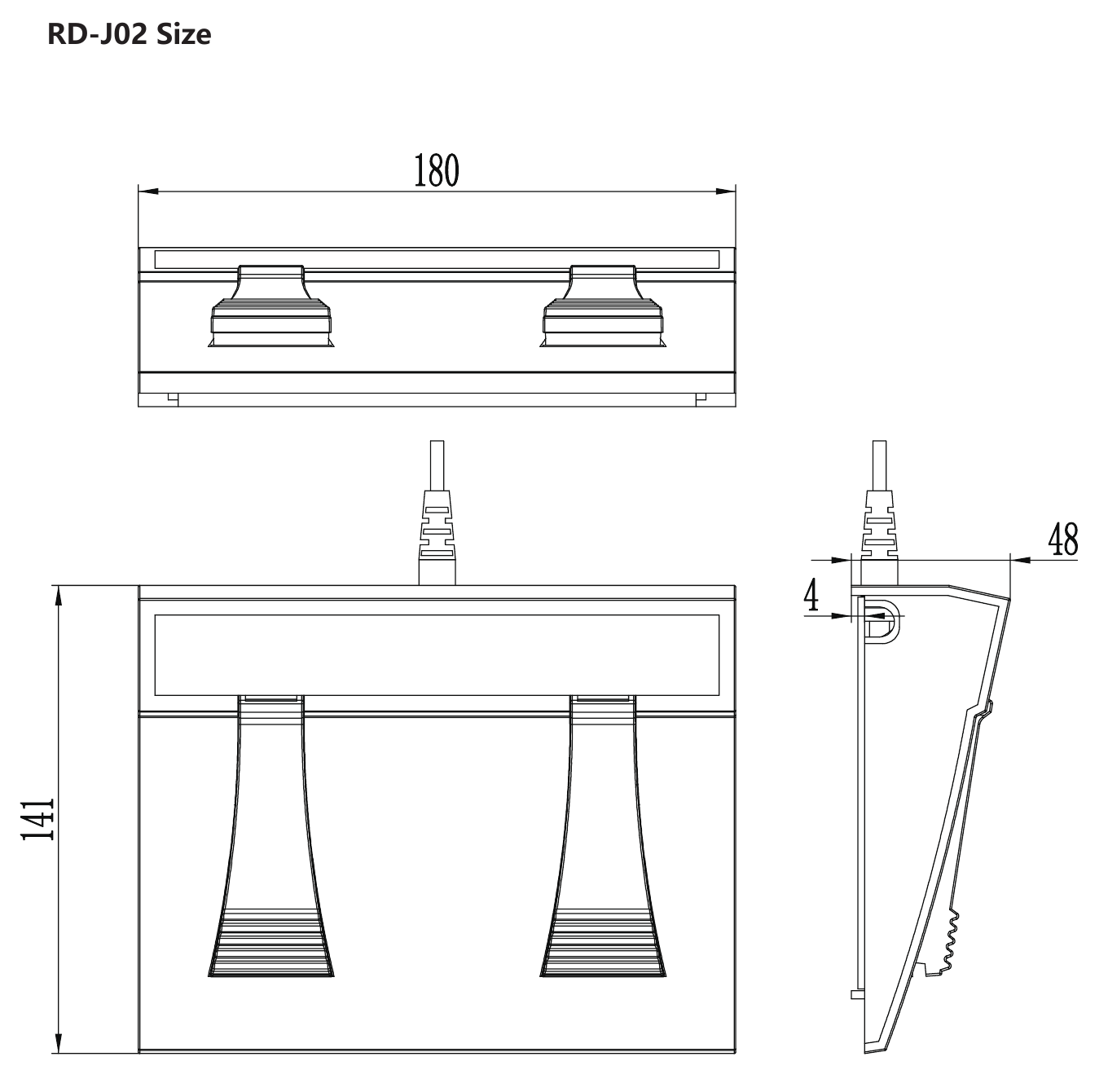RUNDA J02 foot control dimension drawing showing overall dimensions and installation layout