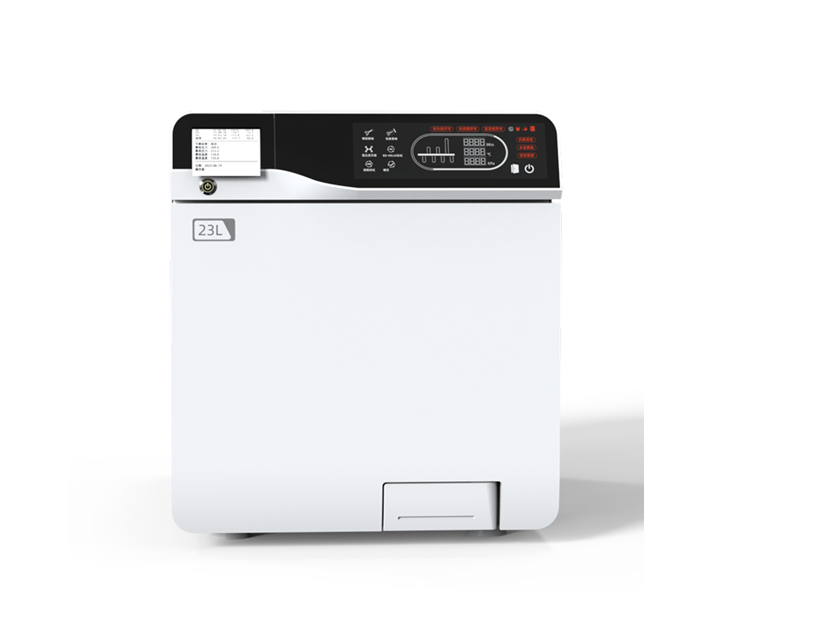 RUNDA 23K steam sterilizer — Front view showing the cabinet, operating panel and pictured cycle-record printer