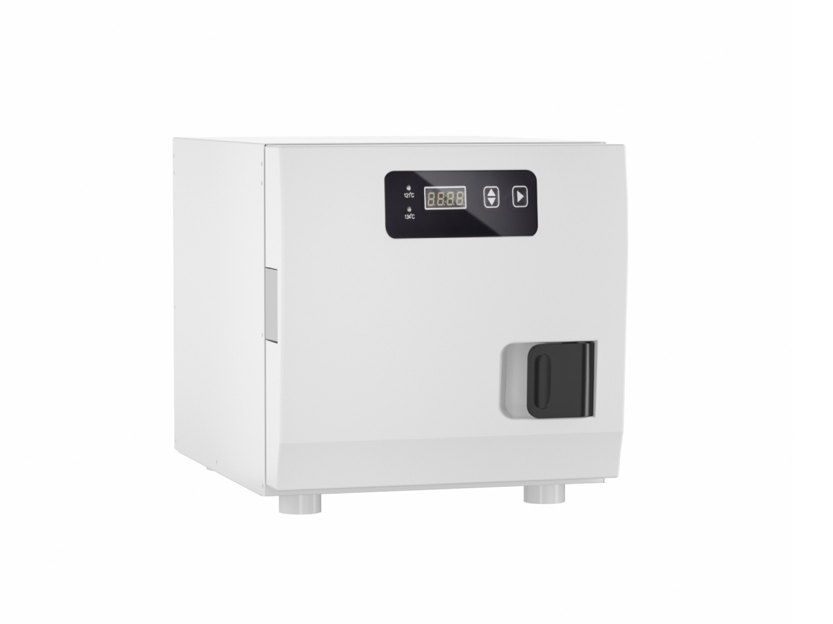 RUNDA 6N steam sterilizer — Front and left-side view of the compact cabinet and digital control panel