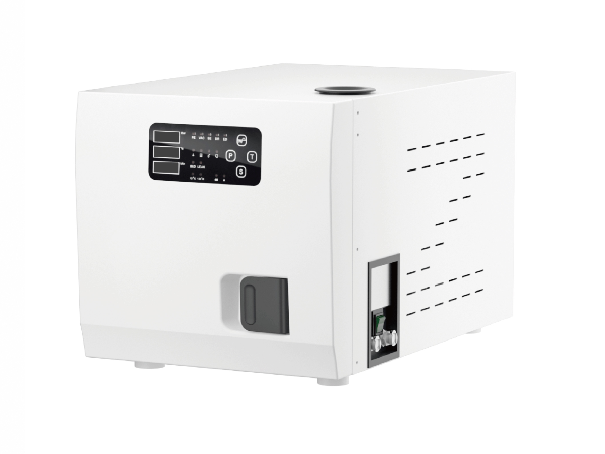 RUNDA 9A steam sterilizer — Front and right-side view of the steam sterilizer cabinet and digital controls